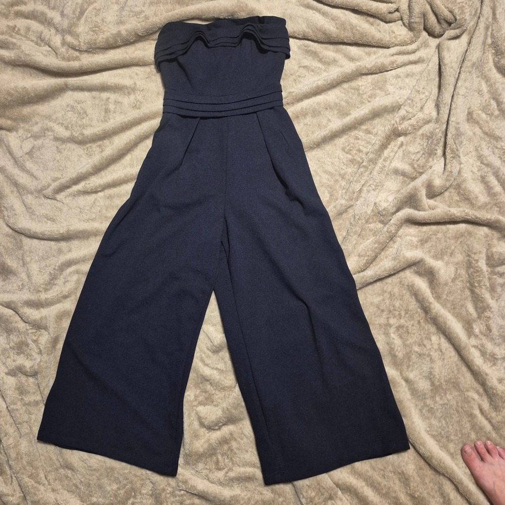 Showpo Navy Blue Strapless Wide Leg Jumpsuit Ruffle Neckline Size 4 US